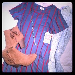 💕LulaRoe Red on Blue-Grey Stripe Carly (TALL)